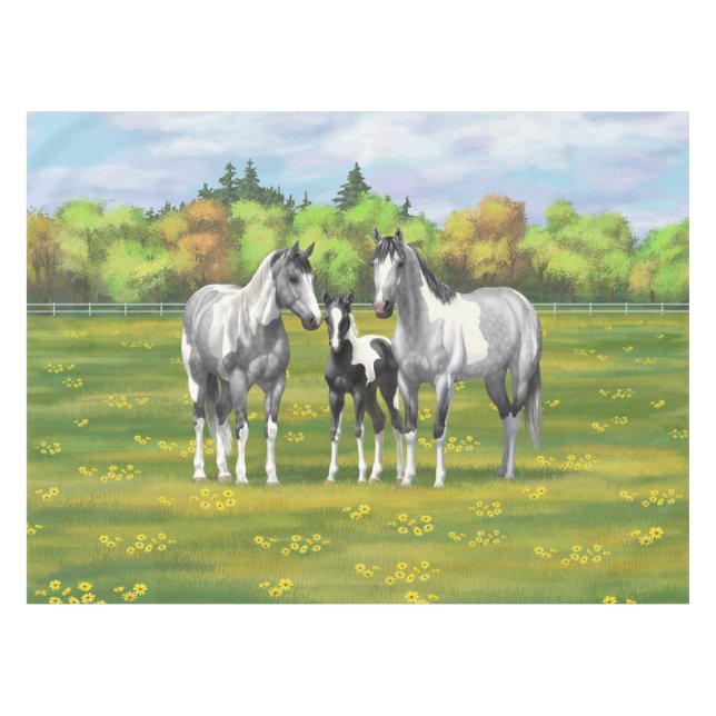 Dapple Gray Pinto Paint Horses In Summer Pasture Tablecloth (Front (Horizontal))