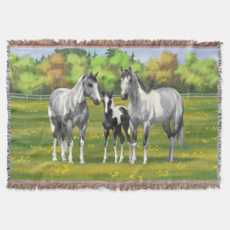 Dapple Gray Pinto Paint Horses In Summer Pasture Throw Blanket