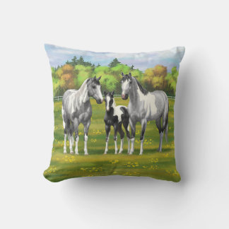 Dapple Gray Pinto Paint Horses In Summer Pasture Throw Pillow
