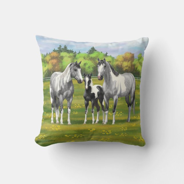 Dapple Gray Pinto Paint Horses In Summer Pasture Throw Pillow (Front)