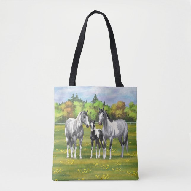 Dapple Gray Pinto Paint Horses In Summer Pasture Tote Bag (Front)