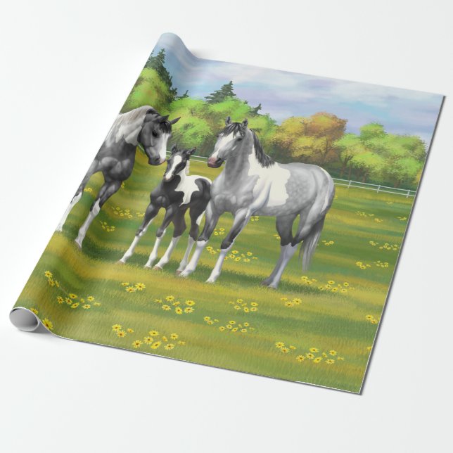 Dapple Gray Pinto Paint Horses In Summer Pasture Wrapping Paper (Unrolled)