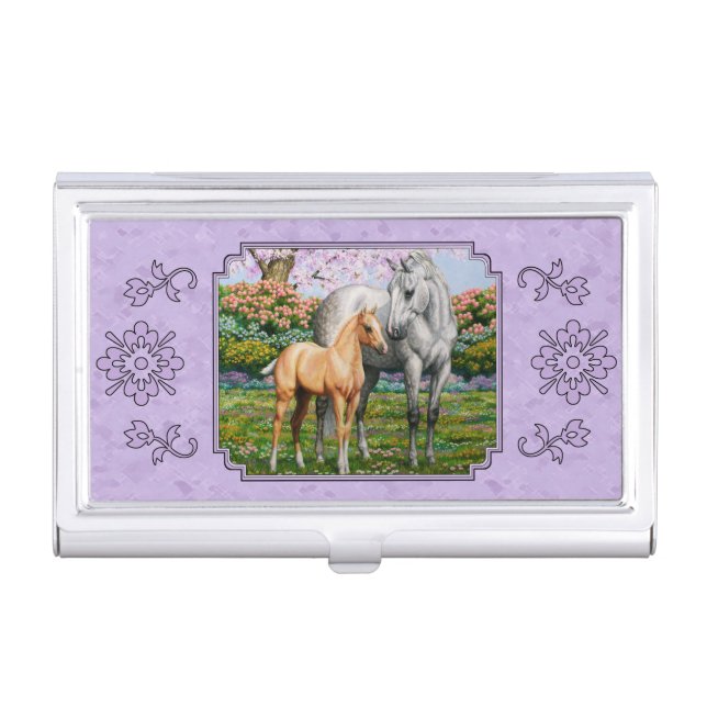 Dapple Gray Quarter Horse Mare Palomino Foal Business Card Holder (Front)