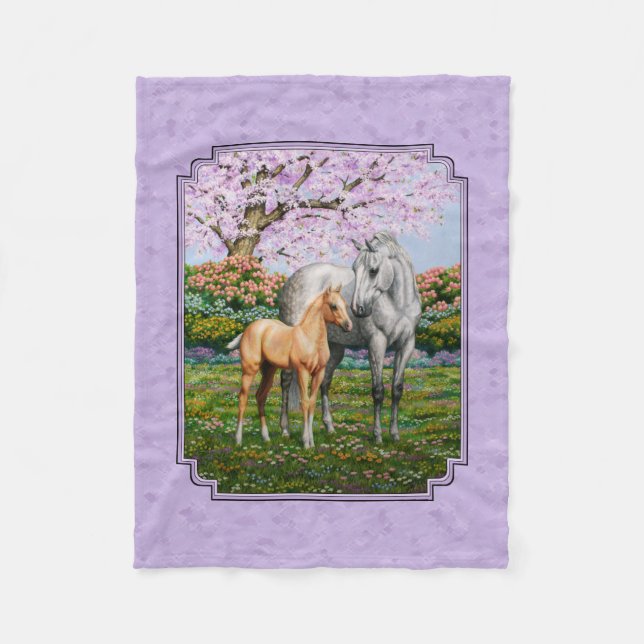 Dapple Gray Quarter Horse Mare Palomino Foal Fleece Blanket (Front)