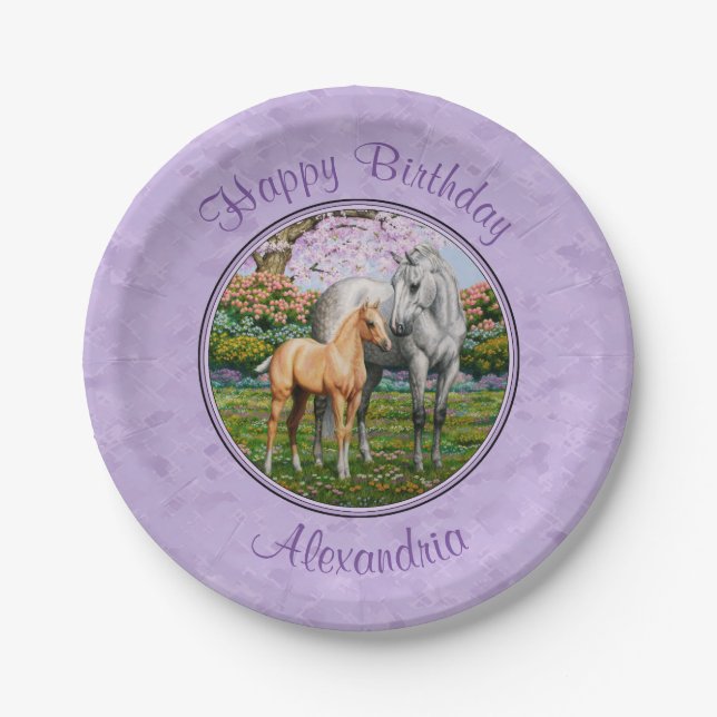 Dapple Gray Quarter Horse Mare Palomino Foal Paper Plates (Front)