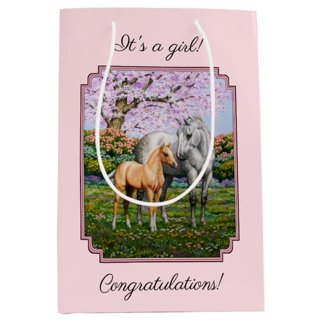 Dapple Gray Quarter Horse Mare Palomino Foal Pink Medium Gift Bag (Front)