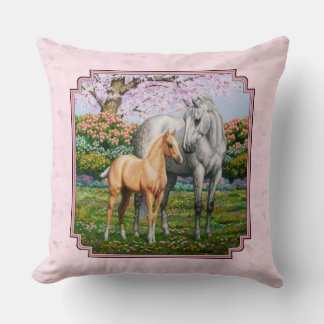 Dapple Gray Quarter Horse Mare Palomino Foal Pink Throw Pillow