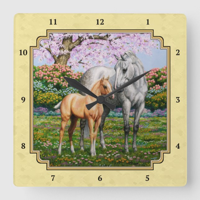 Dapple Gray Quarter Horse Mare Palomino Foal Square Wall Clock (Front)