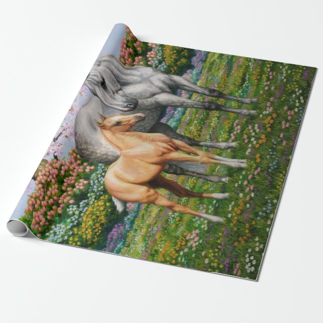 Dapple Gray Quarter Horse Mare Palomino Foal Wrapping Paper (Unrolled)