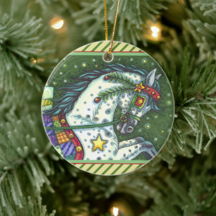 DAPPLE GREY IN A ONE HORSE OPEN SLEIGH, COLORFUL CERAMIC ORNAMENT