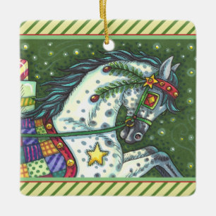 DAPPLE GREY IN A ONE HORSE OPEN SLEIGH, COLORFUL CERAMIC ORNAMENT