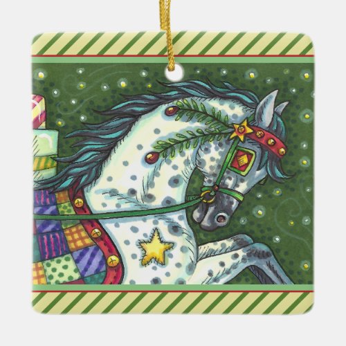 DAPPLE GREY IN A ONE HORSE OPEN SLEIGH COLORFUL CERAMIC ORNAMENT