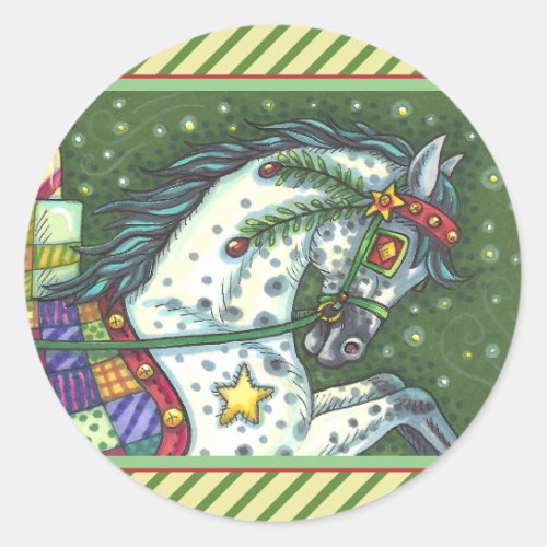 DAPPLE GREY IN A ONE HORSE OPEN SLEIGH COLORFUL CLASSIC ROUND STICKER