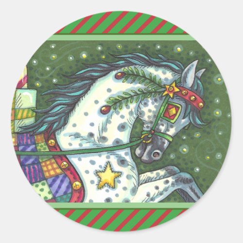 DAPPLE GREY IN A ONE HORSE OPEN SLEIGH COLORFUL CLASSIC ROUND STICKER