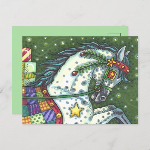 DAPPLE GREY IN A ONE HORSE OPEN SLEIGH COLORFUL HOLIDAY POSTCARD