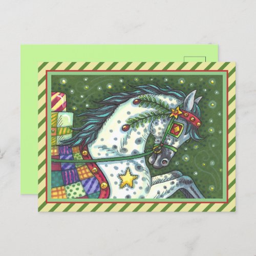 DAPPLE GREY IN A ONE HORSE OPEN SLEIGH COLORFUL HOLIDAY POSTCARD