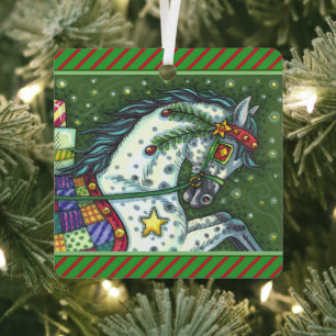 DAPPLE GREY IN A ONE HORSE OPEN SLEIGH, COLORFUL METAL ORNAMENT