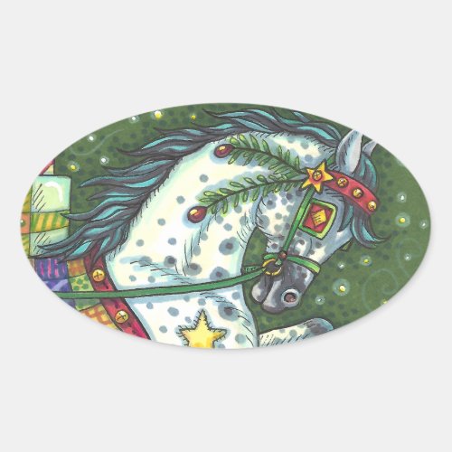 DAPPLE GREY IN A ONE HORSE OPEN SLEIGH COLORFUL OVAL STICKER