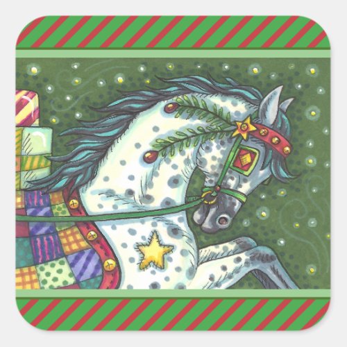 DAPPLE GREY IN A ONE HORSE OPEN SLEIGH COLORFUL SQUARE STICKER