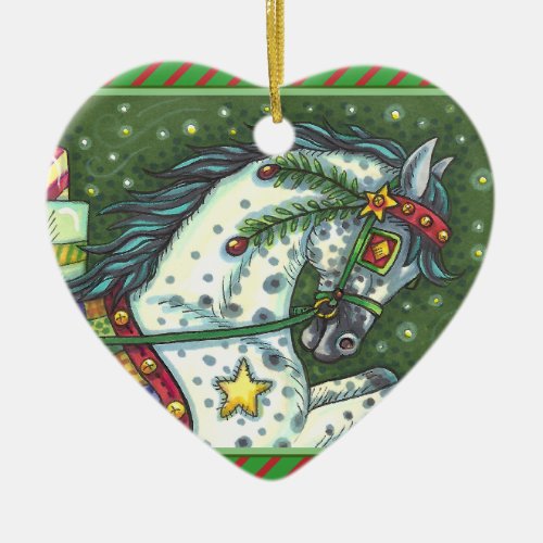 DAPPLE GREY IN A ONE HORSE OPEN SLEIGH Heart Ceramic Ornament
