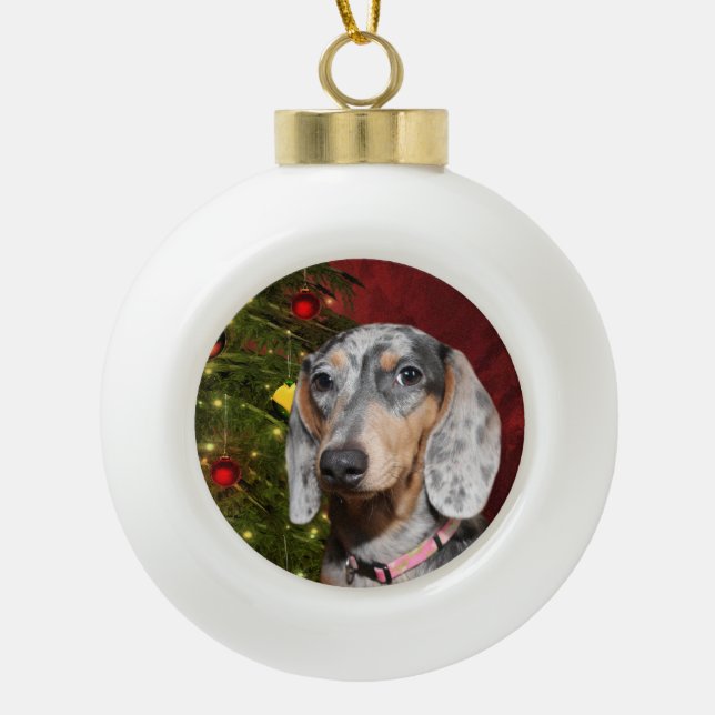 Dappled Dachshund Christmas Ceramic Ball Christmas Ornament (Front)