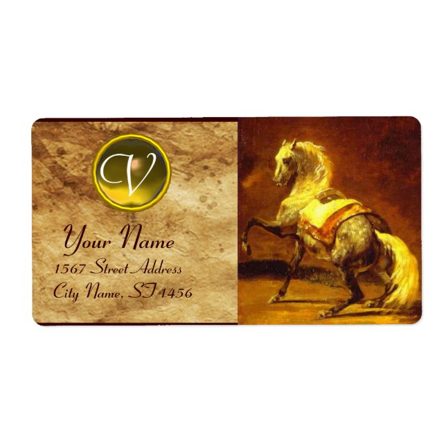 DAPPLED GREY HORSE MONOGRAM , brown gold yellow Label (Front)