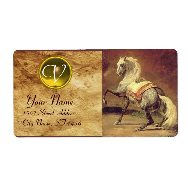 DAPPLED GREY HORSE MONOGRAM , brown gold yellow Label (Front)