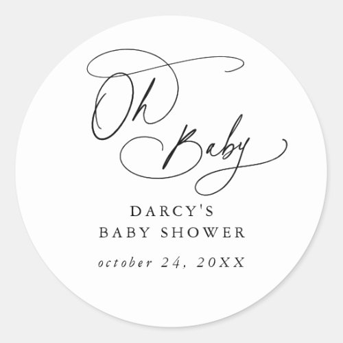DARCY Boho Unique Black White Oh Baby Baby Shower Classic Round Sticker