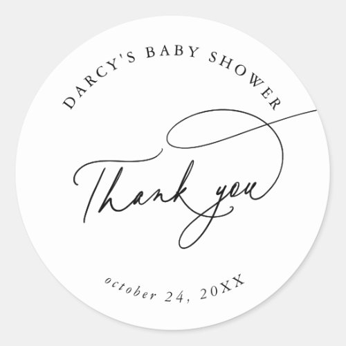 DARCY Modern Black White Baby Shower Thank You Classic Round Sticker