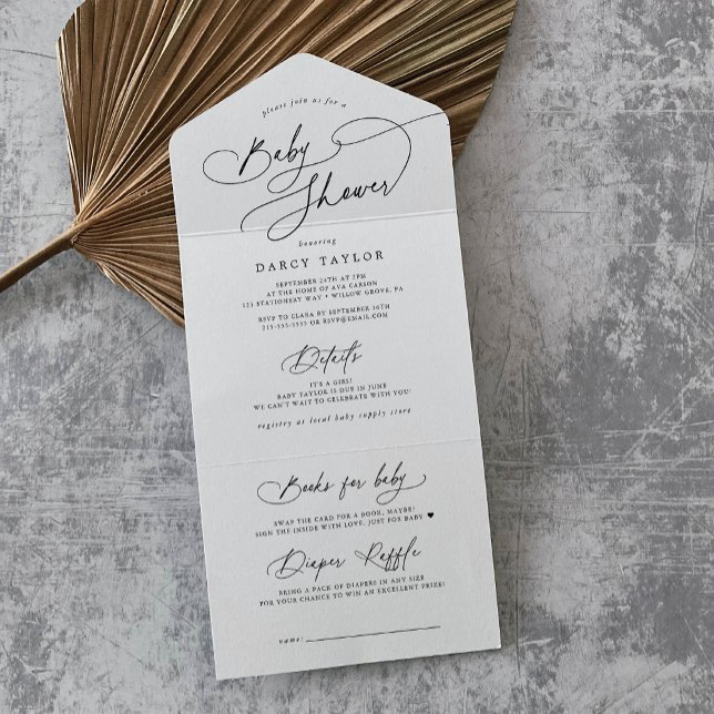 DARCY Modern Black White Diaper Raffle Baby Shower All In One Invitation (DARCY Modern Black White Diaper Raffle Baby Shower All In One Invitation)