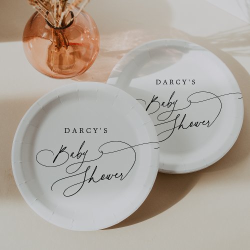 DARCY Modern Minimalist Black White Baby Shower Paper Plates