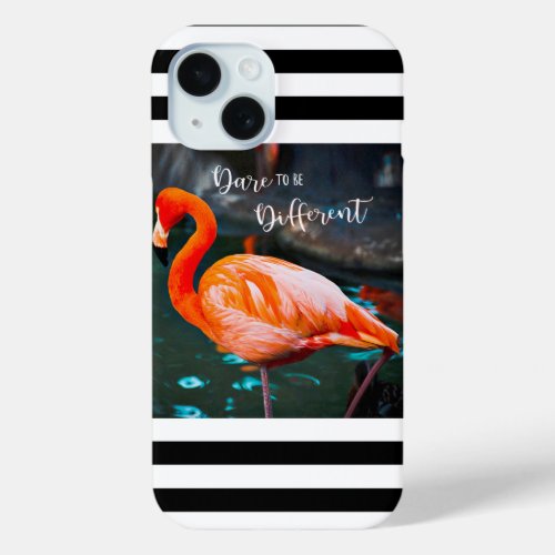 Dare To Be Different Flamingo Black White Stripes iPhone 15 Case