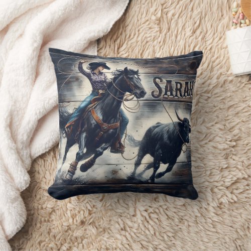 Daring Cowgirl Roping a Bull at the Rodeo Throw Pillow