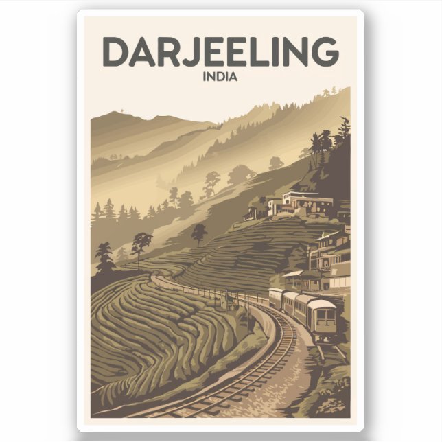 Darjeeling India Illustration Travel Art Vintage Sticker (Front)