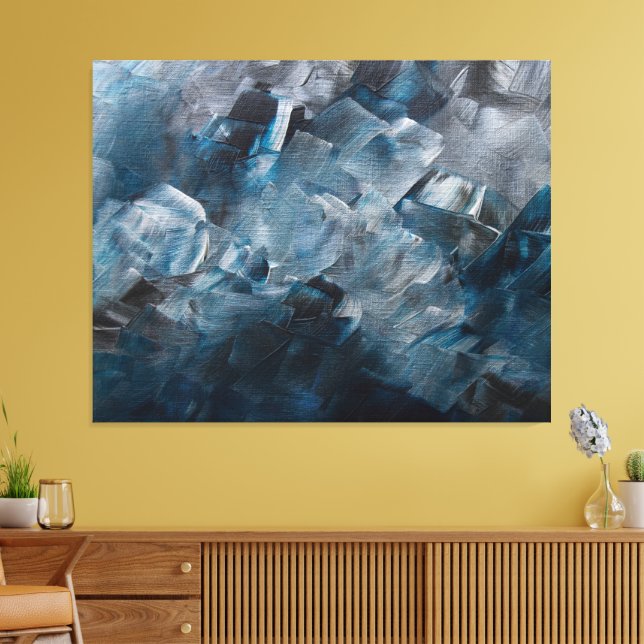Dark Abstract Brushstrokes in Blue and Gray Tones Canvas Print (Insitu(LivingRoom))