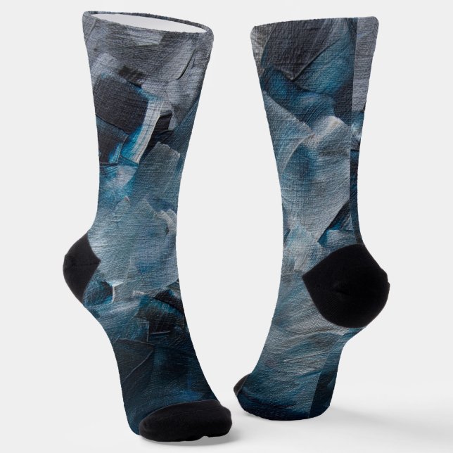Dark Abstract Brushstrokes in Blue and Gray Tones Socks (Angled)
