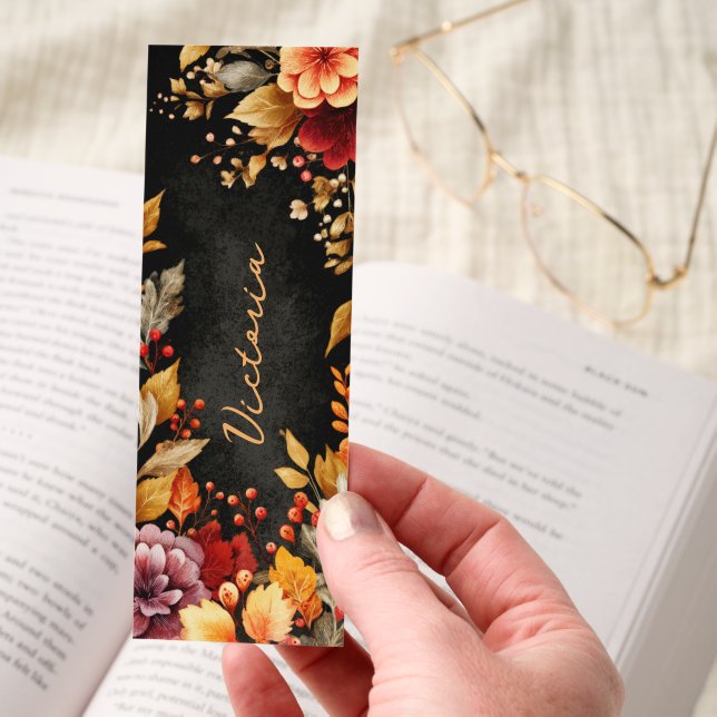 Dark Academia Autumn Floral Border Personalized Bookmarks (Hand)