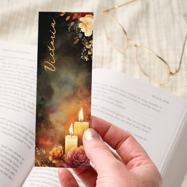 Dark Academia Autumn Roses Candles Personalized Bookmarks (Hand)