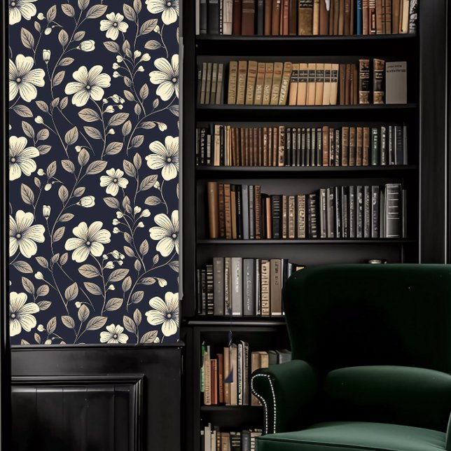 Dark Academia Beige Flowers on Blue Wallpaper (Dark Academia Beige Flowers on Blue Wallpaper in a library.)