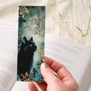 Dark Academia Black Cat Floral Personalized Bookmarks