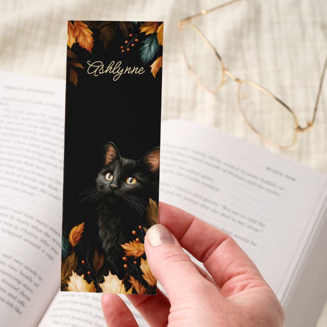 Dark Academia Black Cat Leaves Personalized Bookmarks (Hand)