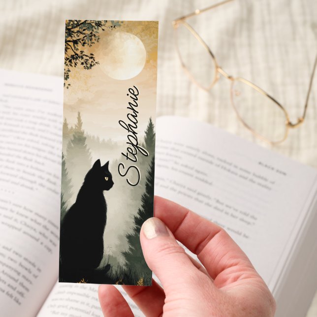 Dark Academia Black Cat Moonlit Personalized Bookmarks (Hand)