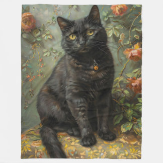Dark Academia Black Cat & Roses Oil Painting Fleece Blanket