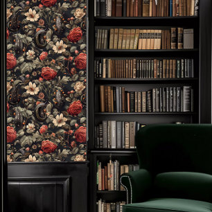 Dark Academia Black Slugs and Red & White Flowers Wallpaper