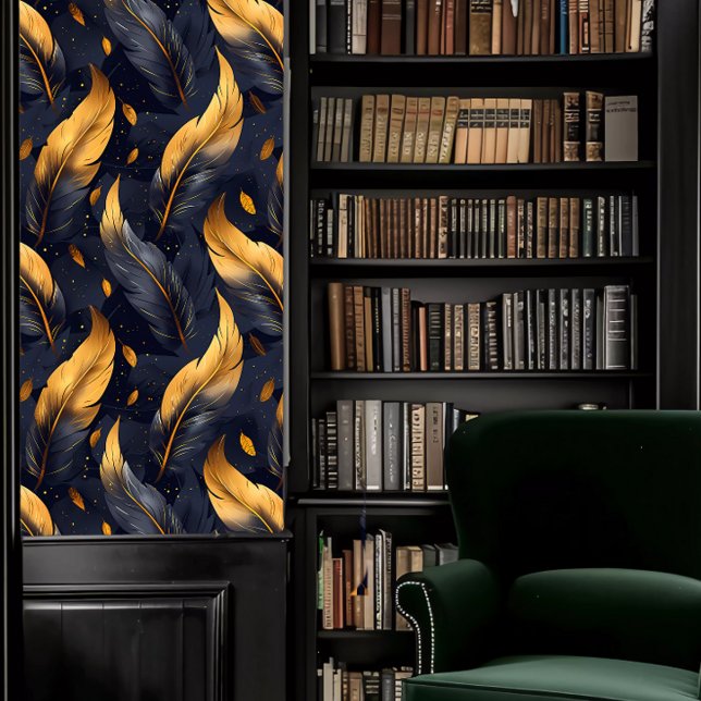 Dark Academia Blue and Gold Feathers Wallpaper (Dark Academia Blue and Gold Feathers Wallpaper in a library.)