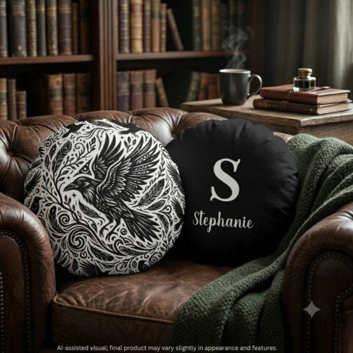 Dark Academia Charcoal Woodcut Raven Monogram Round Pillow