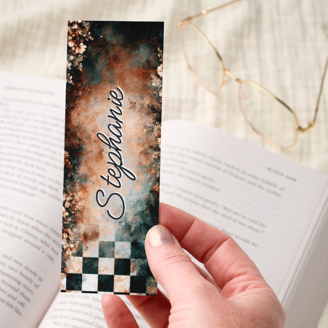 Dark Academia Checkerboard Floral Personalized Bookmarks (Hand)