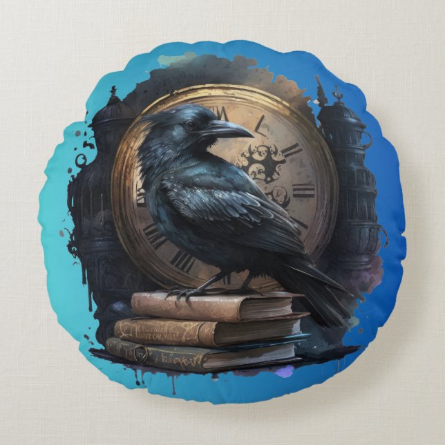 Dark Academia Crow and Clock Pillow (Front)