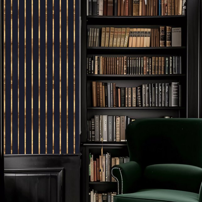 Dark Academia Dark Blue and Gold Striped Wallpaper (Dark Academia Dark Blue and Gold Striped Wallpaper in a library.)