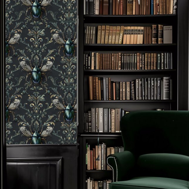 Dark Academia Elegant Green Beetles Wallpaper (Dark Academia Elegant Green Beetles Wallpaper in a library.)